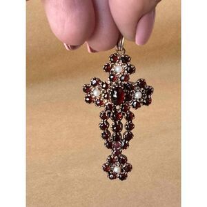 Estate Sterling Silver Cross Pendant Pearls Garnet Cabochons Religious Jewelry